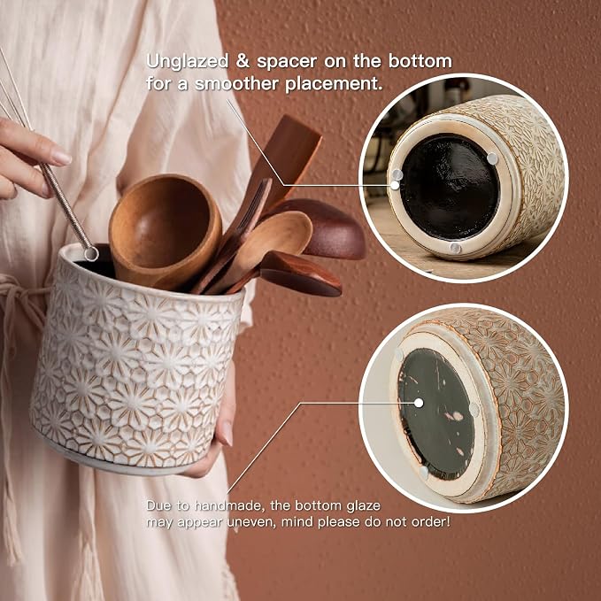 Ceramic Utensil Holder for Kitchen Counter,5.3" Farmhouse Kitchen Utensils Holder for Countertop， Handcrafted Cooking Utensil Holder with Elegant Design for Utensil Storage, Flower Vase