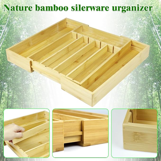 Bamboo Adjustable Drawer Organizer - Expandable Utensil Organizer for Flatware, Adjustable Cutlery & Knives. Ideal Utensil 7 Slots large Drawer Organizer for Kitchen, Natural