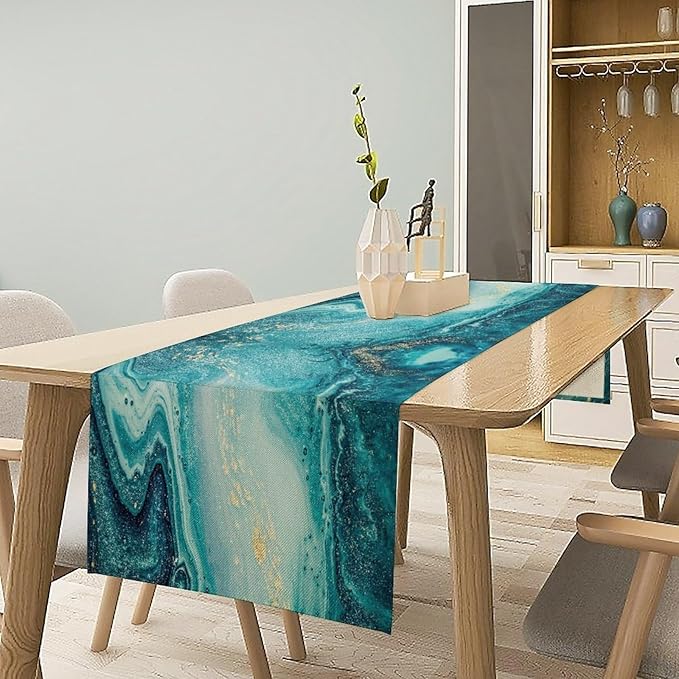 Marble Table Runner, Abstract Teal Modern Luxury Texture Printed Linen Table Runners for Living Room Farm Kitchen Dining Room Party Holiday Home Decor 13" W x 48" L