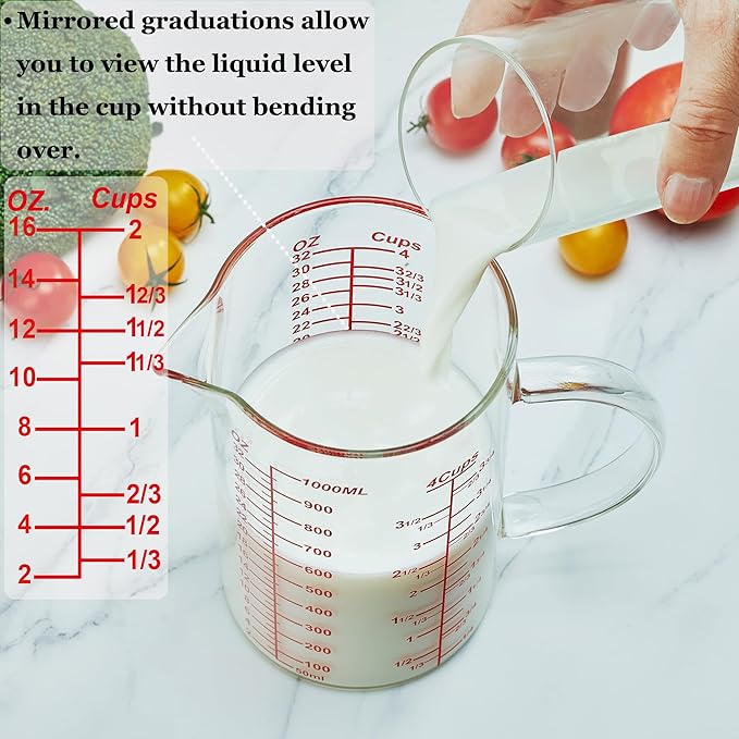 Ackers Mirror Scale Glass Measuring Cup-[Insulated handle | V-Shaped Spout]-Made of High Borosilicate Glass Measuring Cup for Kitchen or Restaurant, Easy to Read, 500 ML (16 Oz, 2 Cup)