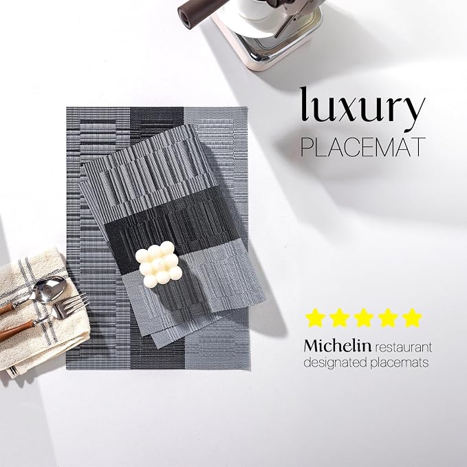 LEXMORE Placemats Set of 8 Vinyl/Plastic Woven Place Mats for Kitchen Table Indoor/Outdoor Washable Placemat Wipeable Dining Table Mats(Silver Gray Black)