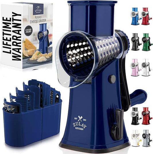 Zulay Kitchen Rotary Cheese Grater 5 Blade Cheese Shredder - Manual Hand Crank Cheese Grater With Reinforced Suction & 5 Interchangeable Drums - Easy to Use, Vegetable Chopper Round Mandoline Slicer
