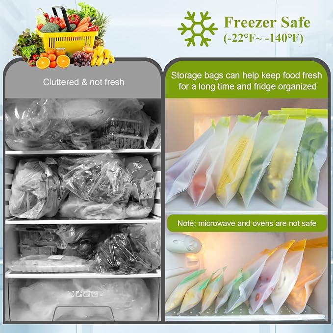 12 Pack Food Storage Containers Silicone Bags-6 Gallon Freezer 3 Sandwich 3 Reusable Snack Bags, Leakproof Silicone Bags for Fruit Storage