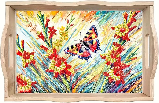 DIY Diamond Serving Tray Rectangular Wooden Breakfast Tray with Handle Handmade Diamond Art Painting Spring Creative Dinner Plate Coffee Room Living Home Organizer-Butterfly