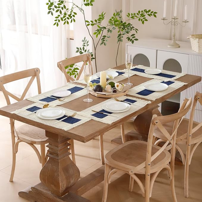 Boho Placemats Set of 6 Macrame Table Decor with Fringe Farmhouse Woven Placemats in Natural Burlap for Kitchen and Dining Table Centerpiece Home Decorations, Navy Blue