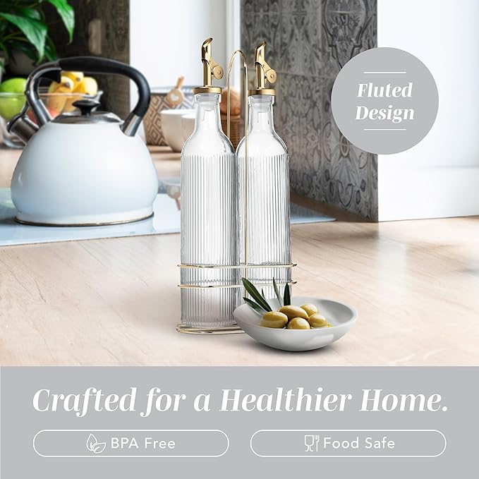 COOK WITH COLOR Glass Olive Oil Dispenser Bottle - 2 Pack, 17 oz Cruet - Elegant Carafe Decanter with Spout for Kitchen, Suitable for Vinegar, Coffee Syrups & Other Liquids