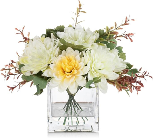 ENOVA FLORAL Mixed Artificial Daisy Floral Arrangements with Vase, Table Centerpieces for Dining Room, Silk Daisy in Glass Vase with Faux Water for Home Decor (Yellow White)