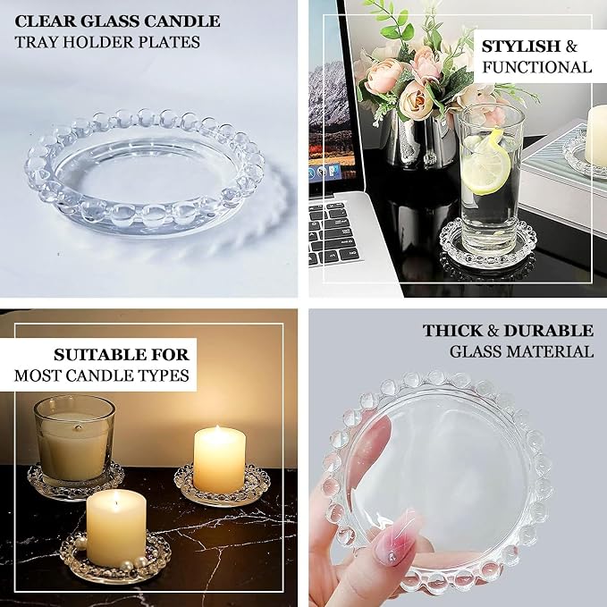 Efavormart 6 Pack Clear Glass Pillar Candle Holder Plates with Beaded Rims, Transparent Small Round Coasters Candle Trays - 4"