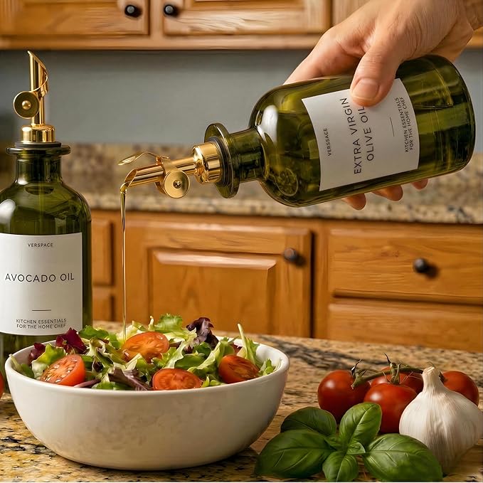 Verspace UV-Protected Green Glass Olive Oil Dispenser Bottles For Kitchen - 2 Pack - 17oz Includes 40 Kitchen Essential Labels, Avocado Oil Dispenser Set, Modern Decor for Home, Airbnb, Cafe