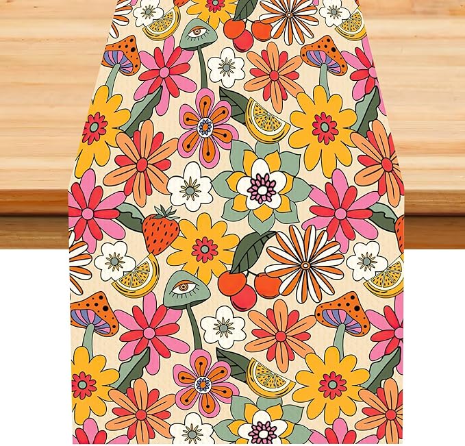 Retro Floral Table Runner,Vintage 70s Hippie Summer Groovy Daisy Flower Dinner Runner for Home Kitchen Dining Table Party Holiday Decor 13x108 Inch