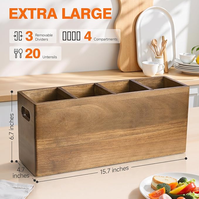 Wooden Utensil Holder Counter, Kitchen Utensil Organizer Large 4 Compartment Cooking Utensils Holder, Acacia Rustic Wood Farmhouse Storage Container Crocks for Silverware and Cooker Set
