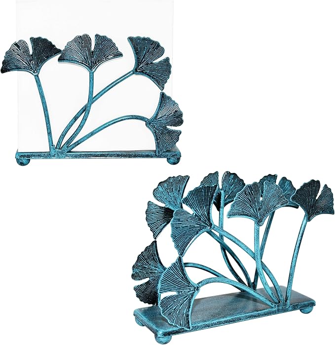 OwlGift Set of 2 Modern Ginkgo Leaves Design Napkin Holder, Metal Paper Napkin Storage for Kitchen, Stylish Paper Towel Dispenser, Mail Letter Sorter Rack, Document File Organizer – Turquoise