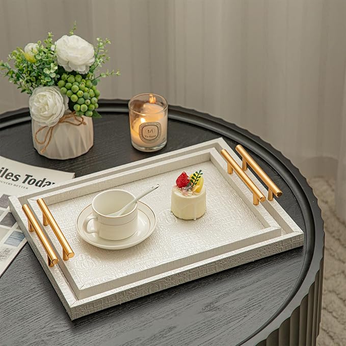 Modern Elegant Large Wood Serving Tray, Set of 2 Pearl White Crocodile Leather with Gold Polished Metal Handles, Home Decorative Rectangle Ottoman Platter Living Room Bathroom Vanity Tray