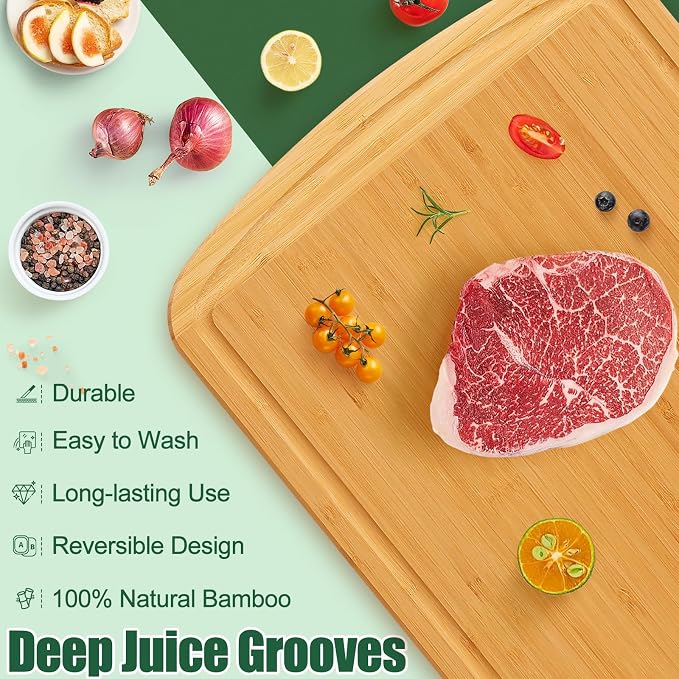 Homaxy Bamboo Cutting Boards for Kitchen Set of 3, Wood Cutting Board Set with Juice Groove, Wooden Butcher Block Chopping Board Set for Kitchen, Meat, Cheese, Fruit & Vegetables - Pre Oiled, Two-Tone