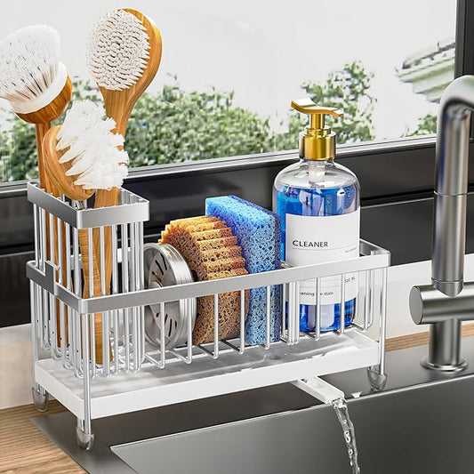 Cisily Sponge Holder for Kitchen Sink, Sink Caddy Organizer with High Brush Holder, Kitchen Countertop Organizers and Storage Essentials, Rustproof 304 Stainless Steel (Silver, 9.25″)