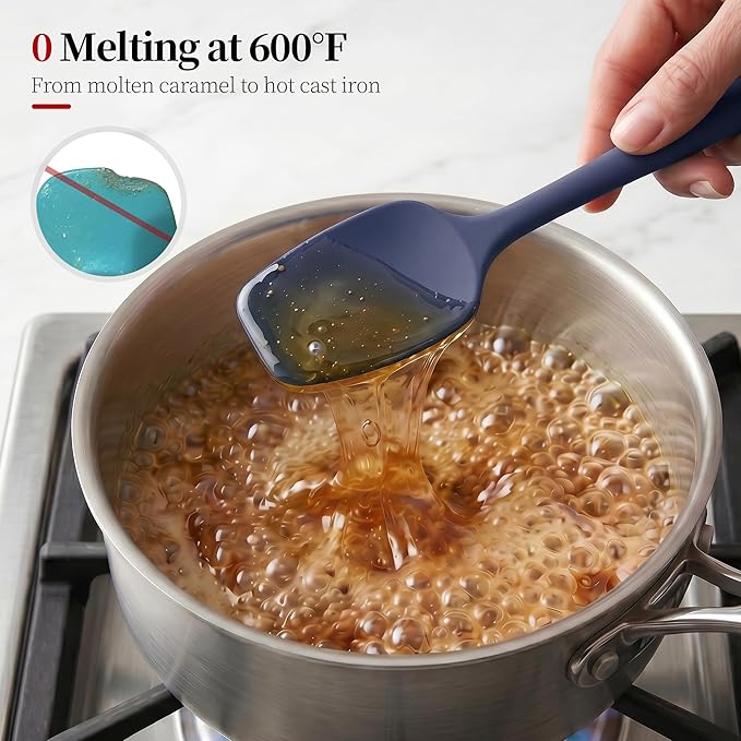 600ºF Heat Resistant Spatulas, High Heat Food Safe Semless Kitchen Silicone Scraper Set for Cooking Baking Mixing Scraping Stirring Nonstick Cookware Pan Bowl (2Pcs,Midniaht Blue)