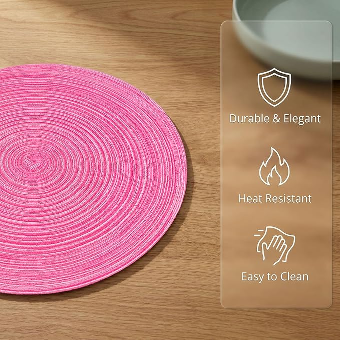AHHFSMEI Round Braided Placemats Set of 6 Woven Table Mats for Dining Table Heat Resistant Easy to Clean Perfect for Kitchen & Home Decor (Hot Pink)