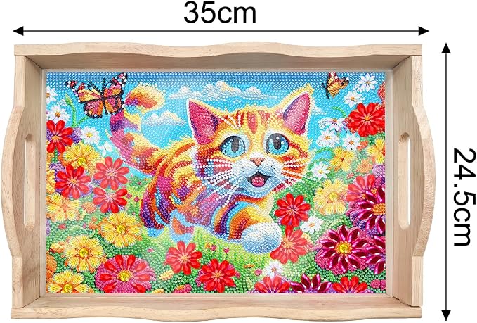 Generic 2Pcs DIY Diamond Serving Tray Rectangular Upgrade Increase Breakfast Tray with Handles Handmade Diamond Art Painting Wooden Tray Dinner Plate for Coffee Living Room Home Organizer-02
