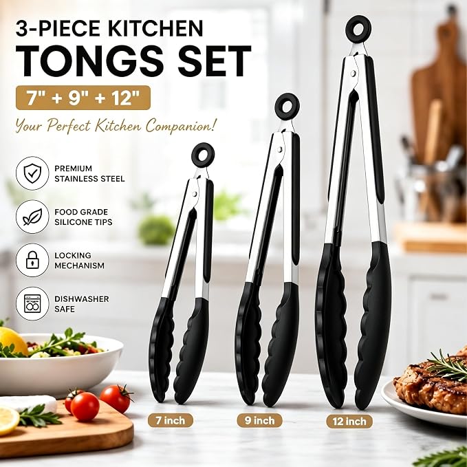 Kitchen Tongs Set, 3 Pack(7+9+12") Cooking Tongs with Locking Mechanism, Stainless Steel Body Food Tongs with Silicone Tips Tong for Cooking, Serving, Air Frying, Nonstick Cookware Safe