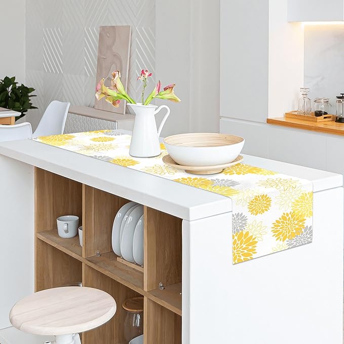 Dahlia Flower Table Runner 13x36 Inch Farmhouse Yellow Gray Runners Modern Table Decorations Rustic Geometric Coffee Table Runner for Home Kitchen Dining Room Party (13"x36", Dahlia Floral-Yellow)