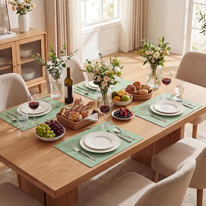 Artoid Mode Sage Faux Leather Placemats Set of 4, 12x18 Inch Waterproof Wipeable Heat Resistant Vinyl Place Mats, Reversible Table Mats for Spring Kitchen Dining Decor