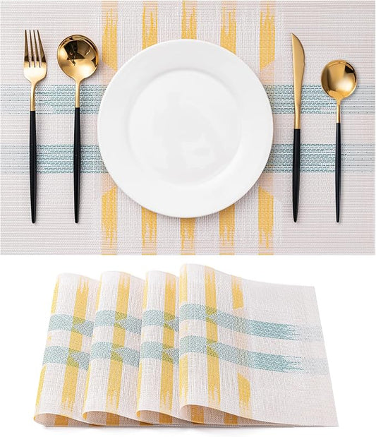 CADONO Placemats Set of 4 Washable Indoor/Outdoor Vinyl Place Mats for Dining Table Durable Non-Slip Heat Resistant PVC Weave Table Mats（Beige Green Cross）