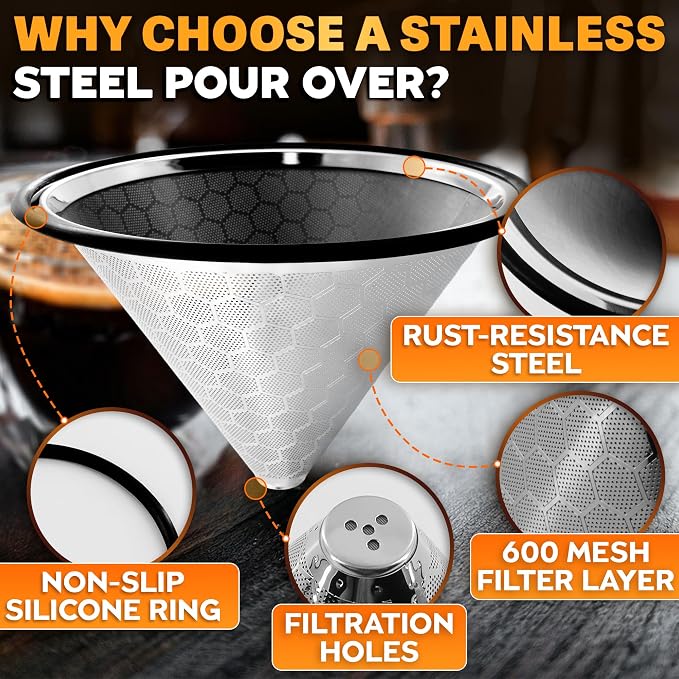 Pour Over Coffee Filter Reusable Stainless Steel - 600 Mesh Silver Cone with Black Ring for Bold, Full-Bodied Flavor, Compatible with Hario V60 & Chemex, Paperless Coffee Dripper with Cleaning Brush