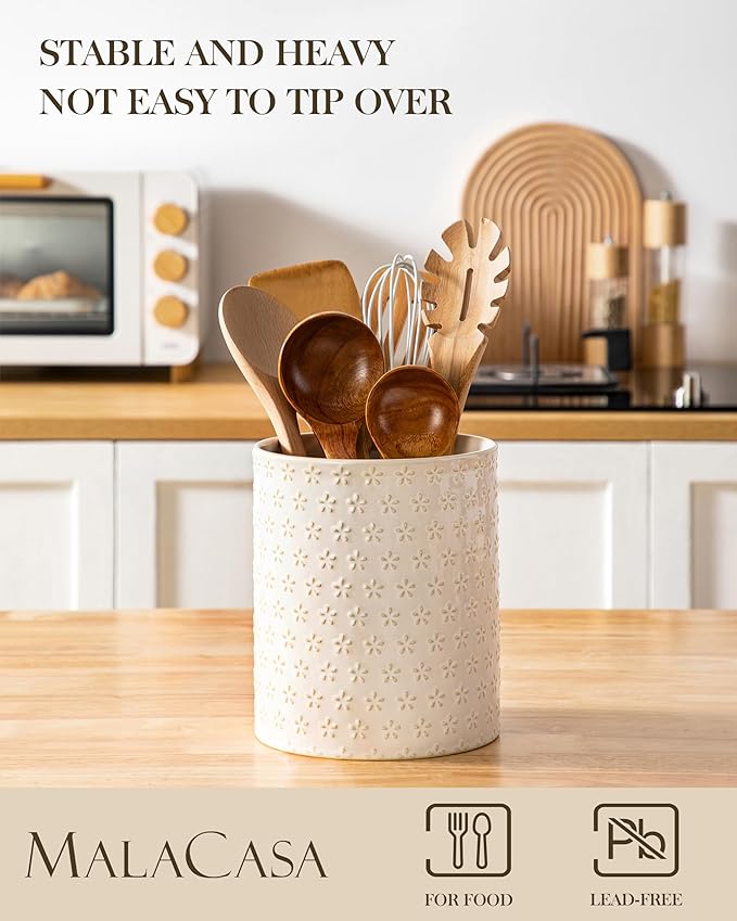 MALACASA LYDIA Ceramic Utensil Holders, 7.3"+5.5" Kitchen Utensil Crock Set for Countertop, Large & Small Utensil Organizers for Cooking Tools, Five-Leaf Grass Pattern