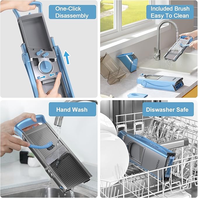 Safe Mandoline Slicer for Kitchen, 6 in 1 Vegetable Chopper, French Fry Cutter For Potatoes, Potato Slicer,Food Chopper,Adjustable Thickness 0.1-8 mm, With Peeler/Cleaning Brush (Blue)