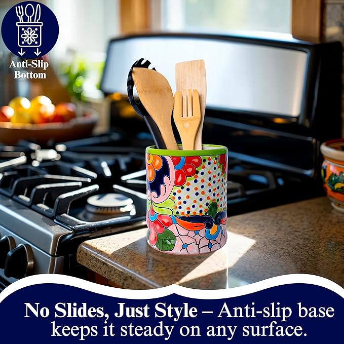 Talavera Utensil Holder – Hand Painted Ceramic Spoon Crock – Colorful Utensil Crock – Large Mexican Spoon Rest – 6" H (Green)
