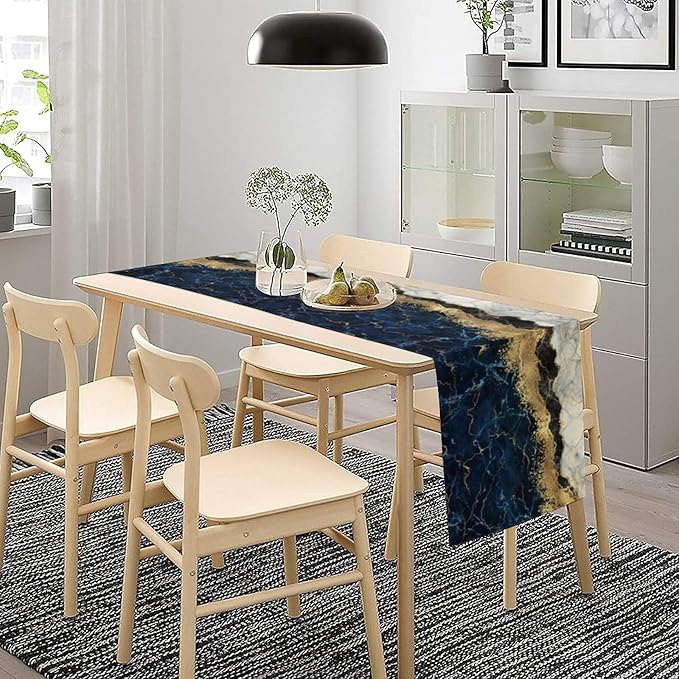 Marble Table Runner, Abstract Navy Blue and Gold Modern Luxury Texture Printed Linen Table Runners for Living Room Farm Kitchen Dining Room Party Holiday Home Decor 13" W x 60" L