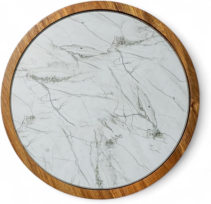Rickby, 12" Premium Acacia Wood Lazy Susan Turntable for Table Top with Removable Marble Texture Glass Plate, Wooden Lazy Susan for Dining Table Centerpiece & Kitchen Countertop