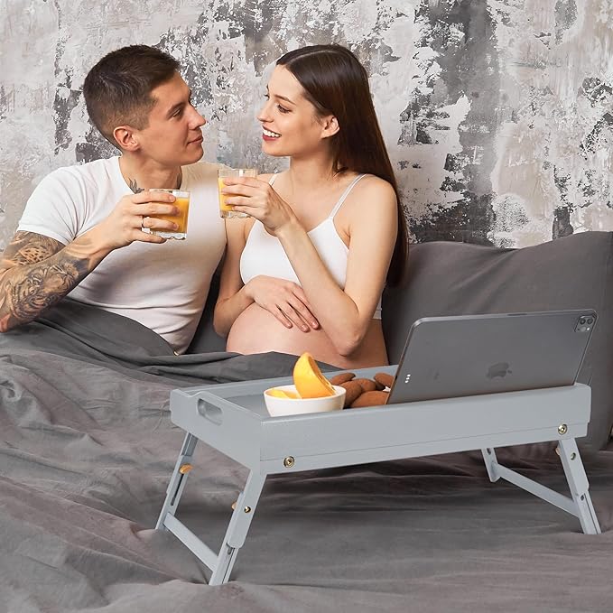 Greenual 2 Pack Bed Tray Table with Handles Folding Legs, Bamboo Breakfast Food Tray with Media Slot, Use As Platter, Laptop Desk, Snack, TV Tray Kitchen Serving Tray(Grey)