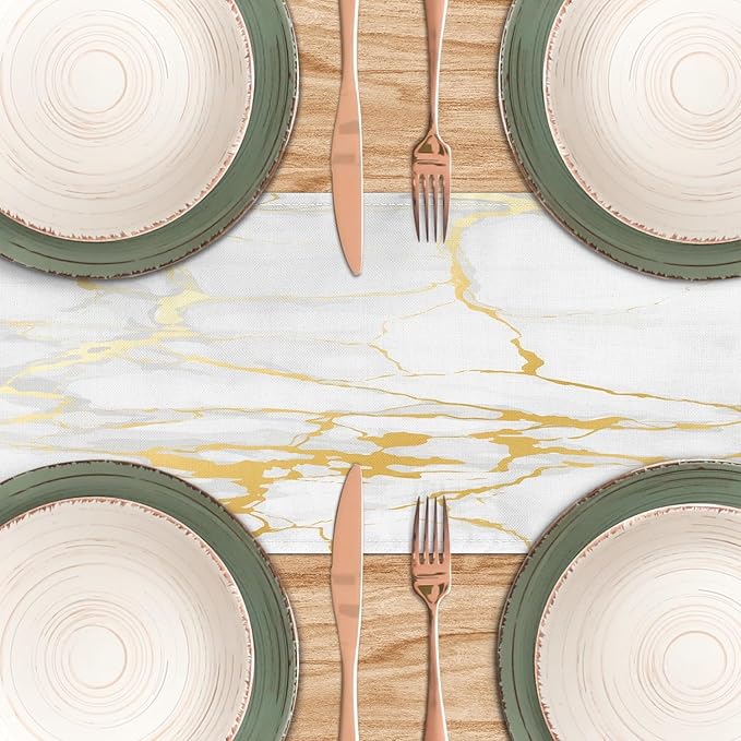 White Gold Table Runner Marble Linen Table Runners,Long Coffee Dresser Runners for Bedroom,Farmhouse Rustic Table Runner for Kitchen Dining Table Party (13"x36", White Gold Marble)