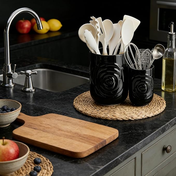 Large Utensil Holder Set of 2, 7.5"+ 5.5" - Ceramic Rose Kitchen Countertop Utensil Crock for Spatulas, Spoons & Cooking Tools, Farmhouse Kitchen Counter Decor, Black
