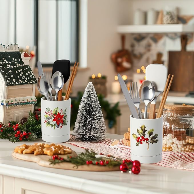 2 Pcs Ceramic Utensil Holders 5.7" Kitchen Decoration Utensil Holders Crock Organizer for Countertop with Removable Drip Tray for Counter Cooking Storage Home Kitchen