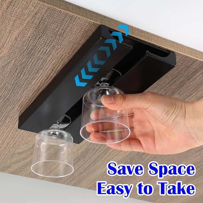 8 Pack Wine Glass Holder Under Cabinet Rack - Black Plastic Stemware Hangers for Kitchen, Bar, Restaurant Storage - Space Saving No Drill Installation