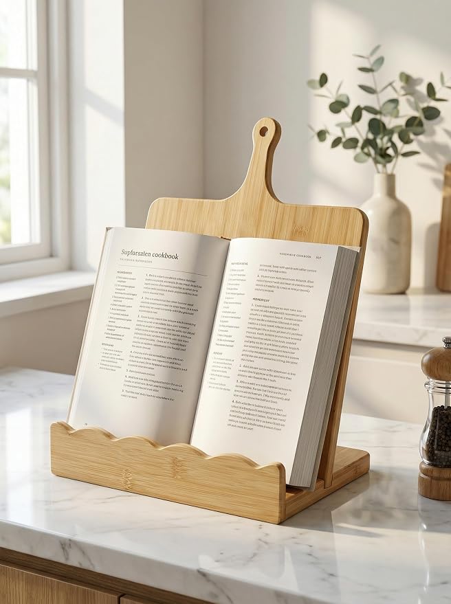 Bamboo Cookbook Stand for Kitchen Counter 15.7"x11.8" with Handle, 2-Piece Scalloped Recipe Book Holder with Removable Charcuterie Board, Rustic Kitchen Decor, Gift-Ready Wood Recipe Card Display