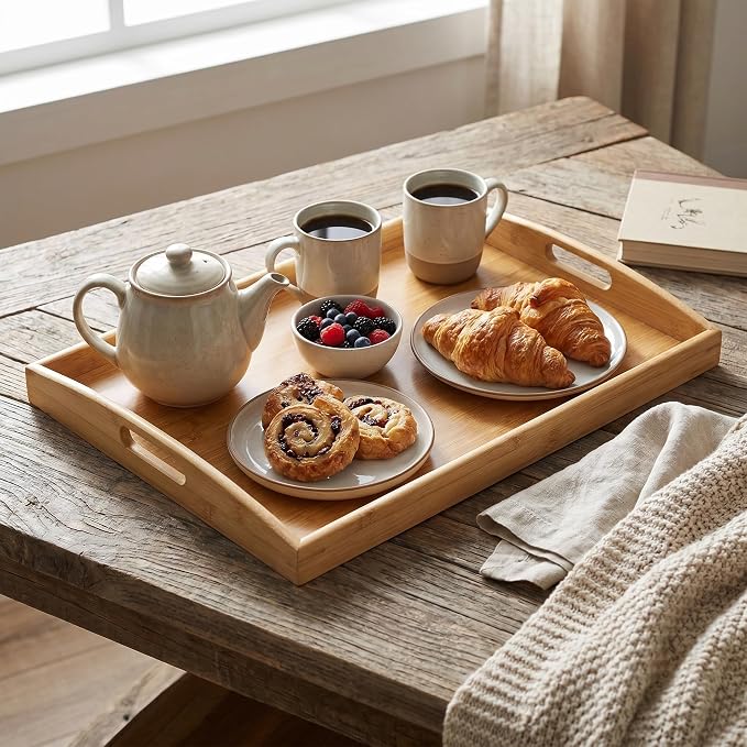 Bam & Boo Natural Bamboo Serving Tray Extra Large Rectangular with Handles for Food, Drinks, Storage, Decor, Vanity, Breakfast, Parties, Weddings, Picnics(23.6” x 15” x 2.35”, Natural)