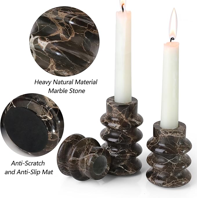 Vixdonos Marble Candle Holder Set of 3 Taper Candle Candlestick Mantle Candle Stand for Home Decor,Wedding,Party and Table Centerpieces(Brown)