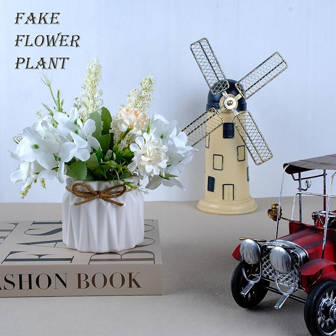 Artificial Potted Flowers White, Small Ceramic Vase Fake Flower Plants Desktop Decoration Indoor for Home and Office, Faux Flowers Hydrangea Decora for Table,Bookshelf,Bedroom,Living Room.(White)