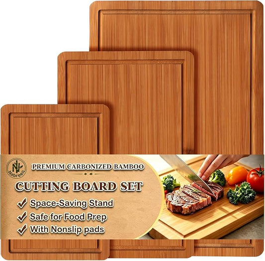 Bamboo Cutting Board Set of 3 with Holder for Compact Kitchens & Apartments | Deep juice grooves, non-slip feet and upright storage for faster drying. Great for fruit, vegetables and everyday meal prep.