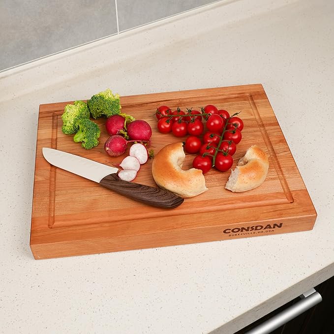 CONSDAN Solid Cherry Wood Cutting Board for Kitchen, USA Grown Hardwood, 16 x 12, with Invisible Inner Handle, Prefinished with Food-Grade Oil, Suitable for Kitchen Edge Grain, 1-1/2" Thick
