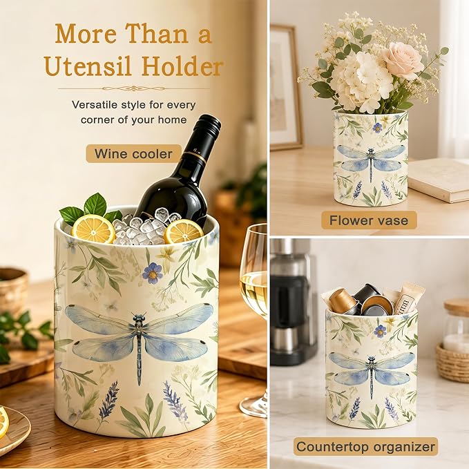 Dragonfly Utensil Holder for Countertop,Flower Plant Retro Ceramic Utensil Crock Organizer for Home Kitchen Spoons,Spatulas and Cooking Tools