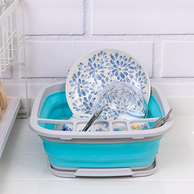 SAMMART 8L (2.11Gallons) Collapsible Plastic Dish Drainer with Drainer Board - Foldable Drying Rack Set - Portable Dinnerware Organizer - Space Saving Kitchen Storage Tray (Grey/Cyanine, 1)
