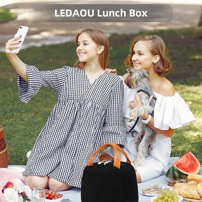 LEDAOU Lunch Box for Women Insulated Lunch Bag Corduroy Lunch Tote Bags Leakproof Cooler Lunch Case for Travel Work Picnic