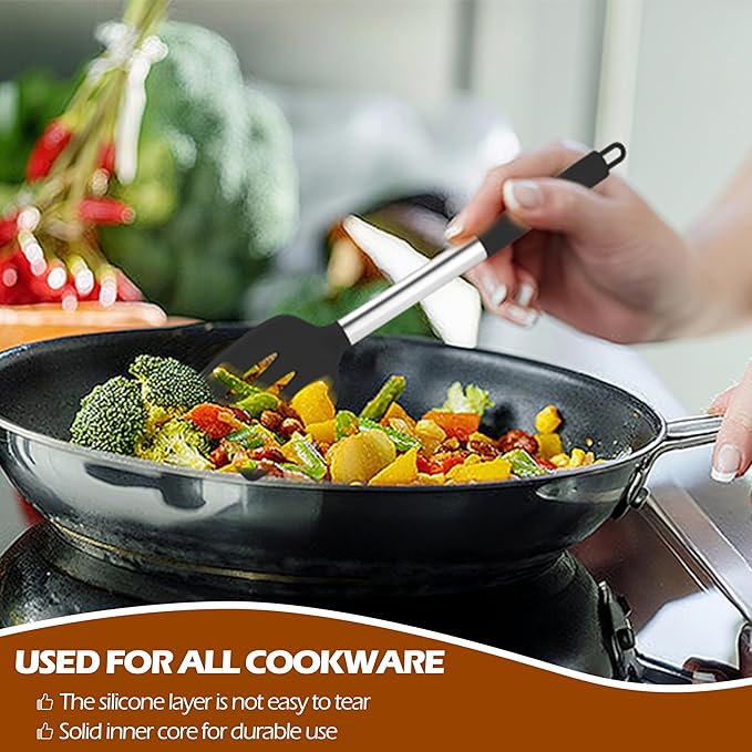 HaWare 29 PCS Silicone Cooking Utensils Set, Heat Resistant Kitchen Utensils Set with Stainless Steel Handle, Spatula Sets with Holder and Hooks, Kitchen Tools Gadgets for Nonstick Cookware -Black