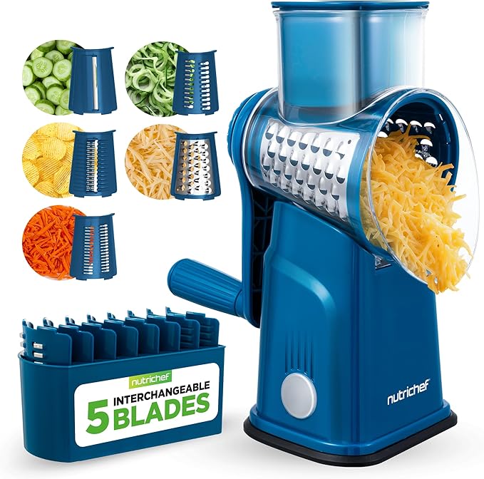NutriChef 5 in 1 Cheese Grater & Shredder | 5 Different Blades for Thin, Thick, Julienne Strips, Wavy, & Straight Strips | Includes Hand Crank, Strong Suction Base & Storage Container | Blue