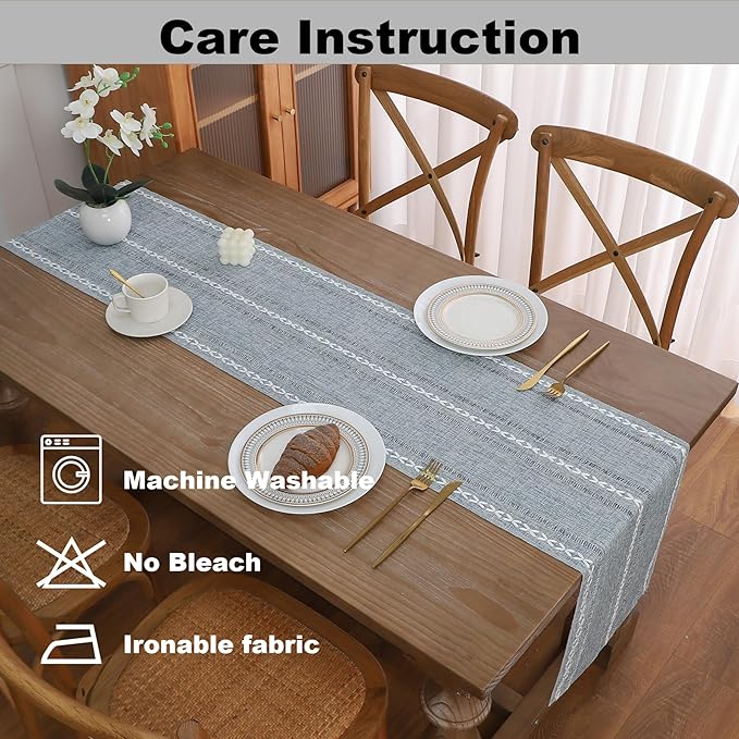 Gernaice Boho Table Runner, Rustic Cotton Linen Farmhouse Table Runners for Dresser End Coffee Table Home Decor, 36" L X 13" W Blue