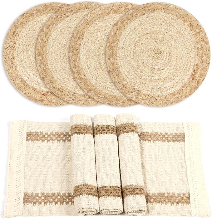 Openwork Placemats with Tassels for Dining Table Decor, Cotton-Linen Blend Rectangle Farmhouse Rustic Style Woven Table Mats - Set of 4